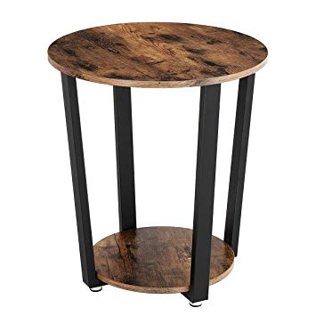 KingSo End Table, 2-Tier Round Industrial Nightstand with Storage Shelf, Easy Assembly & Sturdy Sofa Coffee Table for Living Room, Bedroom, Metal Frame Side Table Rustic Brown