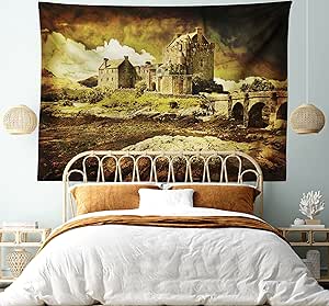 Ambesonne Medieval Tapestry King Size, Old Scottish Castle Vintage Style European Middle Age Culture Heritage Town Photo, Wall Hanging Bedspread Bed Cover Wall Decor, 104" X 88", Grey Green