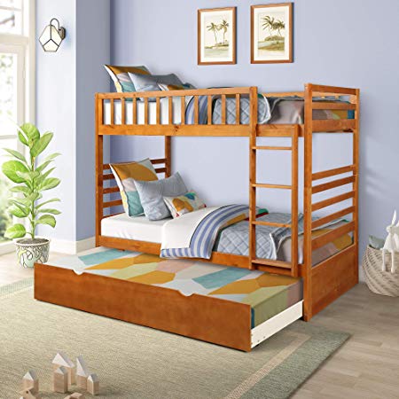 Twin Over Twin Bunk Bed for Kids Teens, Detachable Wood Twin Bunk Bed Frame with Trundle
