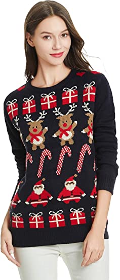 Women's Christmas Reindeer Themed Knitted Holiday Sweater Girl Pullover