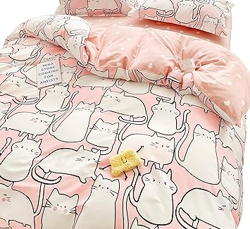 MEJU Pink Cat Kitty Cute Adorable 100% Cotton Duvet Cover Set Blanket 60" X 80" Throw Cover with Zipper Closure for Kids Boys Girls Twin Bed Decoration Gift (Pink Cats, Twin 59" X 78")