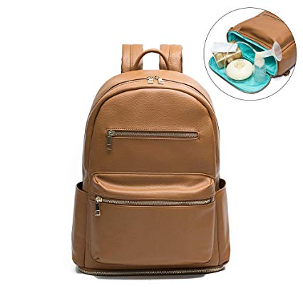 Leather Diaper Bag Backpack by Mominside, Backpack for Women, Baby Bag with Insulated and Bottom Compartment Pocket for Breast Pump, Wet Clothes, Milk Bottle (Brown)