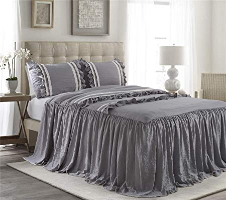 HIG 3 Piece Ruffle Skirt Bedspread Set Queen-Gray Color 30 inches Drop Ruffled Style Bed Skirt Coverlets Bedspreads Dust Ruffles- Emma Bedding Collections Queen Size-1 Bedspread, 2 Standard Shams