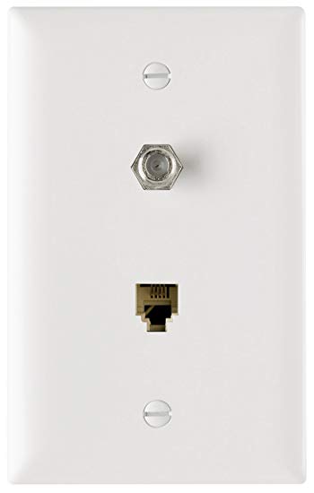 Legrand - Pass & Seymour TPTELTVWCC10 Coaxial Connector Wall Plate One Rj11 Jack and One Cable TV F Connector, White