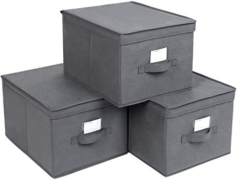 SONGMICS Set of 3 Foldable Storage Boxes with Lids, Fabric Cubes with Label Holders, Storage Bins and Organiser, 11.8 x 15.7 x 9.8 Inches, Gray URLB40GY