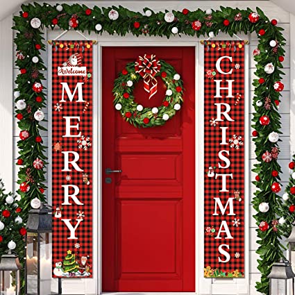 YiHee Merry Christmas Porch Sign, Buffalo Plaid Christmas Hanging Banner Xmas Decorations for Home Yard Wall Front Door Apartment Party
