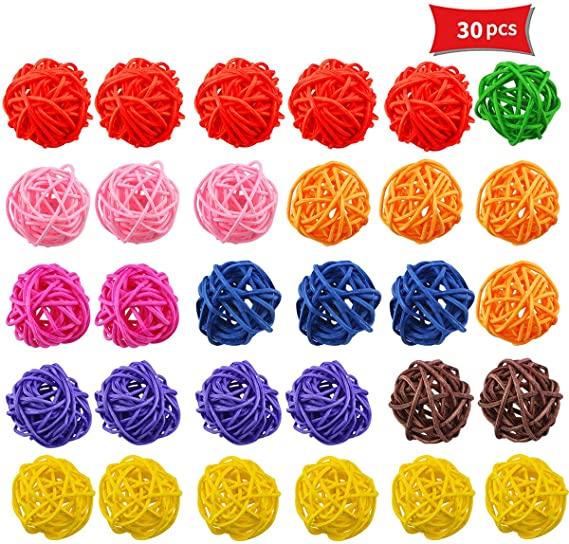 Kuqqi 30 Pcs Bird Parrot Wicker Rattan Toy Balls,Colorful Pet Chewing Toys,Table Wedding Party Decorative Crafts Hanging DIY Accessories 30mm
