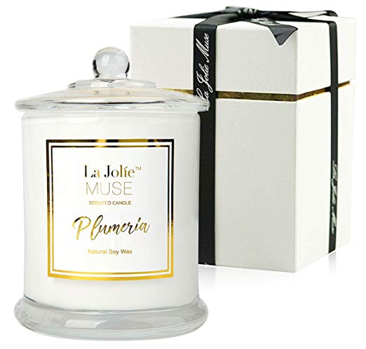 LA JOLIE MUSE Plumeria Scented Candles 100% Soy Wax Glass Jar, 55 Hours Burn, Fine Home Fragrance, Gifts Candle