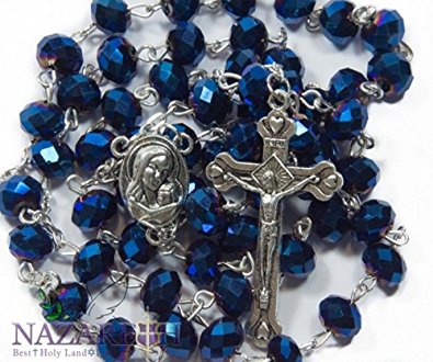 Deep Blue Crystal Beads Rosary Catholic Necklace Holy Soil Medal & Crucifix