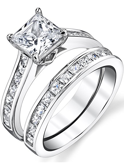 Sterling Silver Princess Cut Bridal Set Engagement Wedding Ring Bands With Cubic Zirconia