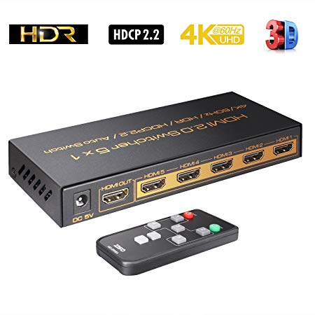 ZISO 4K@60Hz 5 Ports HDMI Switch, 5 in 1 Out with IR Wireless Remote,HDCP 2.2,UHD,CEC,HDR 4:4:4 HDR HDCP2.2 Supports PS4 Pro, UHD TV, Xbox One/360, Apple TV (HD-SW5AP)