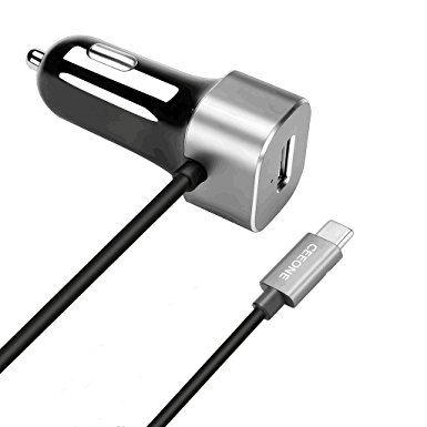 CeeOne 27W 5.4A Dual-Port Type C USB Car Charger with Built-in 3.3FT USB Type C Cable for Apple New Macbook 12 Inch, Nexus 6P, Nexus 5X and More