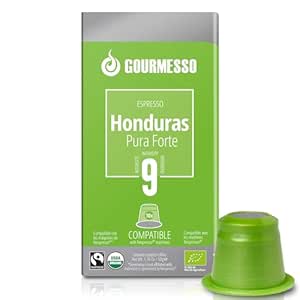 10ct Gourmesso Espresso Pods Compatible with Nespresso Capsule Machines | 100% Fair Trade & Organic | Dark Roast I Intensity 9 I Honduras Pura Forte