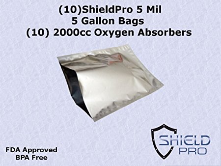 (10) Mylar Bags 5 Mil 5 Gallon   (10) 2000cc Oxygen Absorbers - for Long Term Food Storage - 300LB Kit by ShieldPro