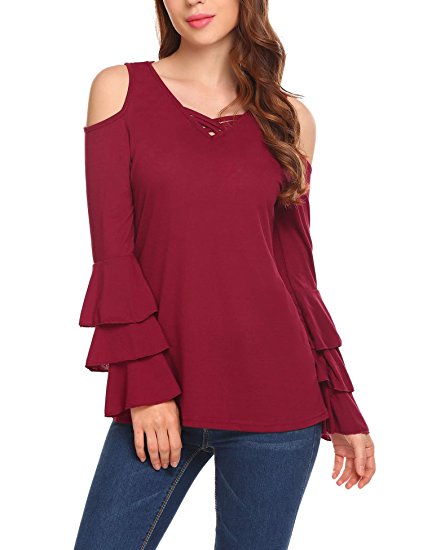 EASTHER Women’s Casual V-Neck Cold Shoulder Layered Ruffle Bell Sleeve Tops Blouse