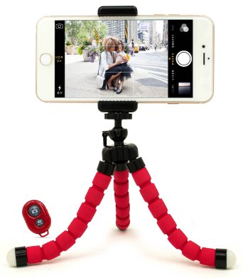Bastex Universal Compact Flexible Octopus Style Red Tripod Stand Holder/Mount with Adapter for Smartphone / Digital Camera / GoPro Hero All Versions - Includes Remote