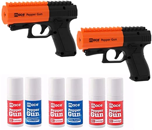 Mace (Bundle) Brand Police Strength (Version 2.0) Pepper Spray Guns with Invisible UV Identifying Dye, 2-Pack Includes 2 Pepper Spray Guns and 6 Canisters with 20 Foot Stream Spray