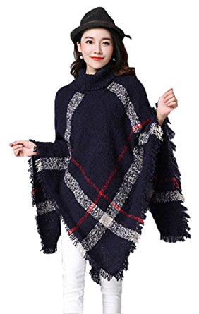 Bellady Women's High Collar Batwing Tassels Poncho Cape Winter Knit Sweater Cloak