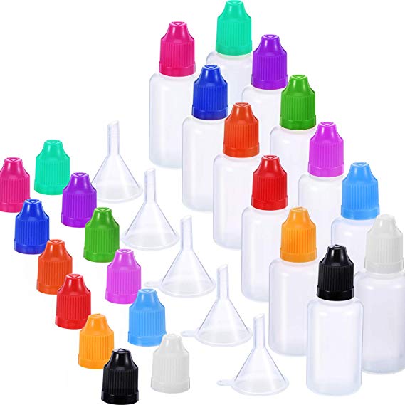 Tatuo 12 Pieces 30 ml/ 1 Ounce LDPE Plastic Thin Tip Droppers Empty Bottle Squeeze Bottle Dispense in Mixed Color with 5 Pieces Funnel for E-liquids DIY Craft