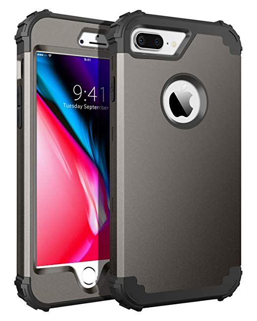 BENTOBEN Case for iPhone 8 Plus, iPhone 7 Plus Case, 3 in 1 Hybrid Hard PC Soft Rubber Heavy Duty Rugged Bumper Shockproof Anti Slip Full-Body Protective Phone Cover for iPhone 8 Plus/7 Plus, Gunmetal