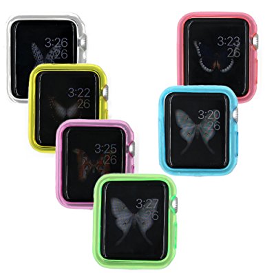 Apple Watch Case,38mm iwatch [ 6 transparent color pack ],[Ultra-Thin] soft colorful TPU Case with 6 Pieces 0.125mm PET screen Protector for apple watch 38mm( 6 pack )