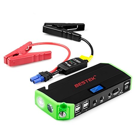 BESTEK 600A Peak Current Car Jump Starter with 10000mAh Portable 4-Port USB Power Bank, Smart Clamp and Built-in Escape Hammer