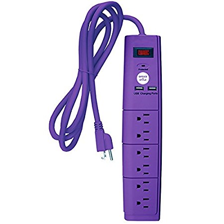 Office   Style 6 Outlet Surge Protector with Dual USB Ports and 6 Ft Cord, Purple