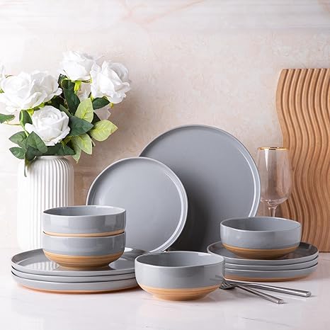 AmorArc Stoneware Dinnerware Sets for 4, 12 Pieces Handpainted Plates and Bowls Set with Wavy Rim, Chip and Scratch Resistant Dishes Set, Dishwasher & Microwave Safe, Gray