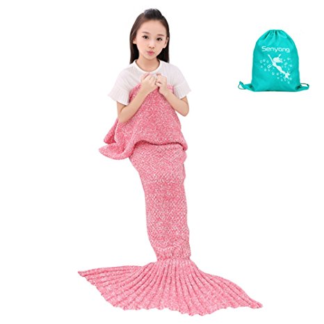 Mermaid Blanket - SENYANG Mermaid Tail Blanket Handmade Crochet Sofa Blankets All Seasons Sleeping Bags Best Choice for Girls Gift Christmas Gift (Kid Thick Pink)