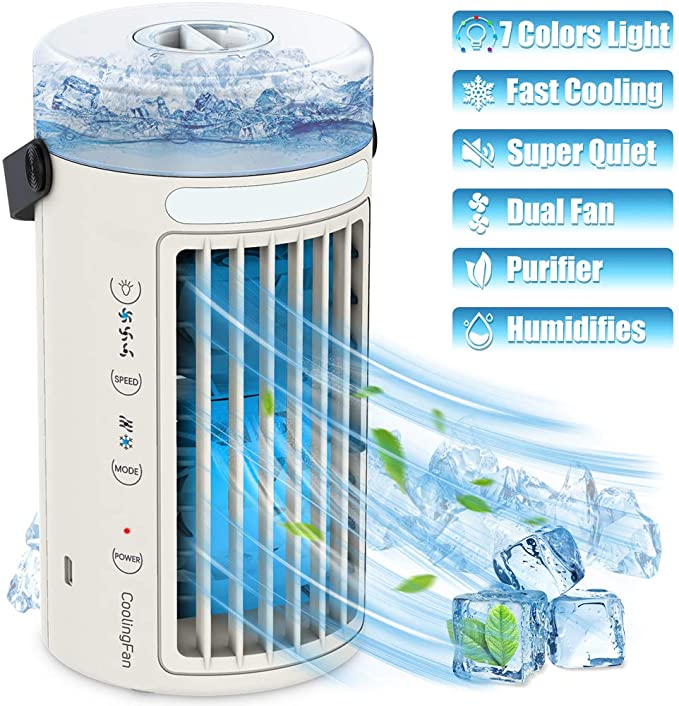 Portable Air Cooler, Mini Mobile Air Conditioner, 4 in 1 Personal Evaporative Coolers, Humidifier, Purifier with LED Night Light,3 Speeds Desktop USB Cooling Fan for Room, Office, Home, Dorm, Travel