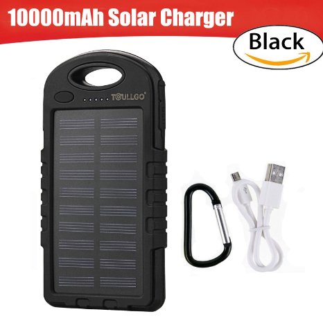 Solar Charger, 10000mAh Portable Solar Power Bank Charger with Flashlight, Waterproof Shockproof Dual USB Port Solar Battery Charger for Cell Phone iPhone 6 6s Plus Samsung S5 S6 S7 Note 4 5(Black)