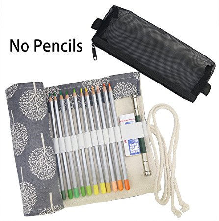 Hz.Codelo Canvas Colored Pencils Wrap With a Mesh Bag for Pencils Accessories, Travel Pencil Holder Roll up Case Hold for 48 Pencils, Great for Kids Adult Coloring Book -ArtTrees (NO Pencils included)