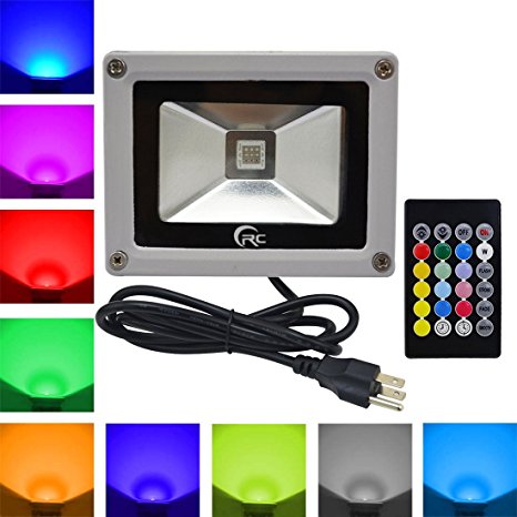 RC 10W Waterproof RGB Cool White LED Color Changing Flood Light,Indoor Outdoor Security 16 Colors & 4 Modes LED Light with 24Key Timing Function IR Remote Control and US 3-Plug