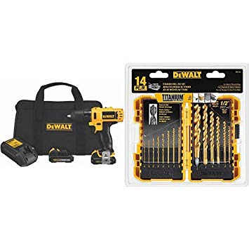 DEWALT DCD710S2 12-Volt Max 3/8-Inch Drill Driver Kit with DEWALT DW1354 14-Piece Titanium Drill Bit Set