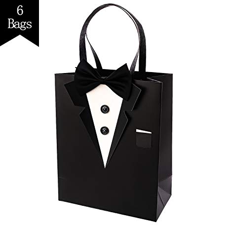 Crisky Classic Black Tuxedo Gift Bags for Groomsman Father's Birthday Anniversary Wedding Favor Bags 10"x8"x4" set of 6