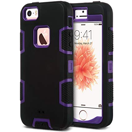 ULAK iPhone 5S Case, iPhone SE Case 3in1 Shockproof Combo Hybrid Hard Rigid PC   Soft Silicone Protective Case Cover for Apple iPhone SE/5S/5 (Black   Purple)
