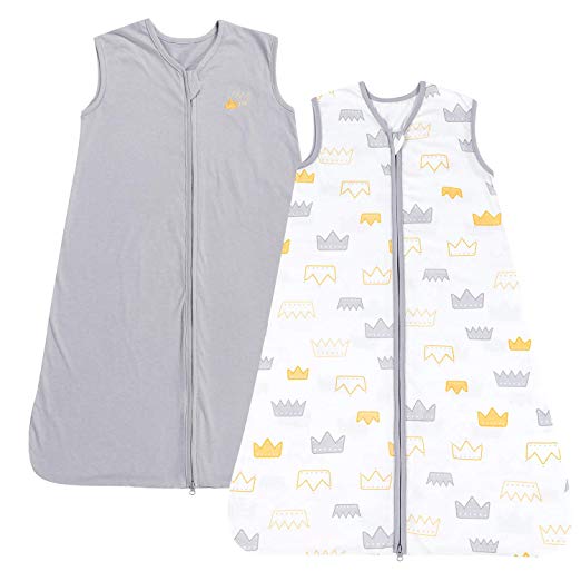 TILLYOU Small S Breathable Cotton Baby Wearable Blanket with 2-Way Zipper, Super Soft Lightweight 2-Pack Sleeveless Sleep Bag Sack for Boys, Fits Infants Newborns Age 0-6 Months, Gray Crown