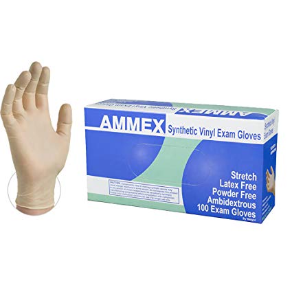 AMMEX Synthetic Vinyl Exam Disposable Gloves - Clear, 4 Mil, Stretch, Latex Free, Powder Free, Ambidextrous, Large, Box of 100