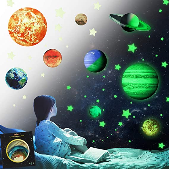 Glow in The Dark Solar System Decals 9 Luminous Sun Planets 51 Stars Stickers Kids Room Bedroom Ceiling Wall Decorations Gift