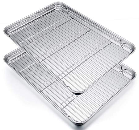 P&P CHEF Extra Large Baking Sheet and Cooking Rack Set, Stainless Steel Cookie Half Sheet Pan with grill rack, Rectangle 19.6''x13.5''x1.2'', Oven & Dishwasher Safe, 4 Piece (2 Pans 2 Racks)