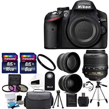 Nikon D3200 24.2 MP CMOS Digital SLR Camera with 18-55mm f/3.5-5.6G VR Zoom Lens   2x Professional Lens  HD Wide Angle Lens   UV Filter Kit with 24GB Deluxe Accessory Bundle (Certified Refurbished)
