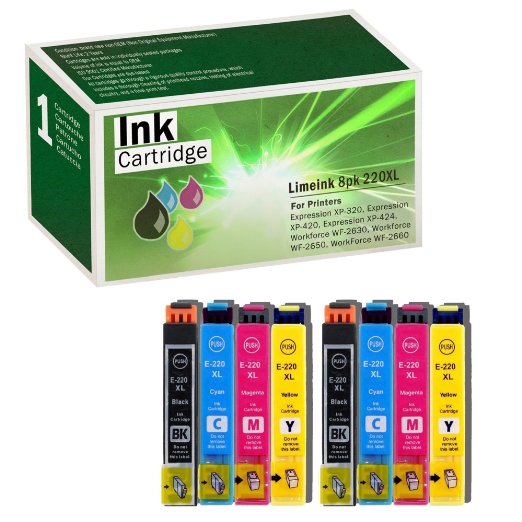 Limeink 8 Pack Remanufactured 220XL 220 XL Ink Cartridges (2 Black, 2 Cyan, 2 Magenta, 2 Yellow) Color Set Use for Epson Expression XP-320 420 424 WorkForce WF-2630 WF-2650 WF-2660 Series Printers