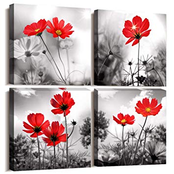 hyidecor art 4pcs Modern Salon Theme Black and White Plant The red flower Flower Abstract Painting Still Life Canvas Wall Art for Home Decor Flower Canvas Print Wall Art Painting For Living Room Decor