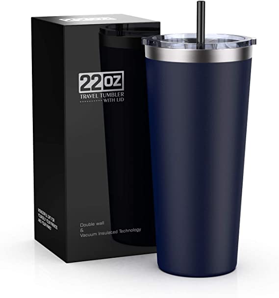 Bastwe 22oz Insulated Tumbler with Lid & Straw, Stainless Steel Coffee Cup, Double Wall Vacuum Insulated Travel Coffee Mug with Splash Proof Sliding Lid for Home & Office (Navy Blue)
