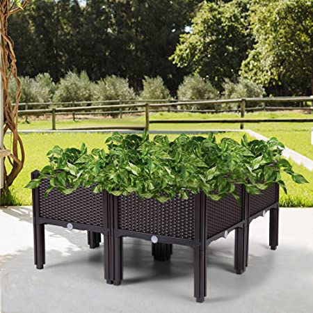 JAXPETY Raised Planter Box Garden Bed with Self Watering Planter Box for Flower Vegetable Grow, Coffee