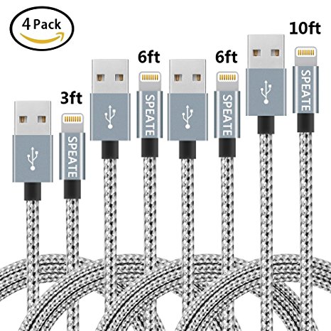 SPEATE iPhone Charger 4PCS 3FT 6FT 6FT 10FT Nylon Braided Lightning USB Cable Cord Charger Compatible with iPhone8 7 7Plus 6 6s 6 plus,iPhone 5 5s SE,iPad,iPod Gray White (Gray White)
