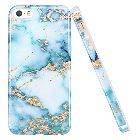 LUOLNH iPhone 5 5S Case, Aquamarine and gold Marble Design Slim Shockproof Flexible Soft Silicone Rubber TPU Bumper Cover Skin Case for iPhone 5 5S SE