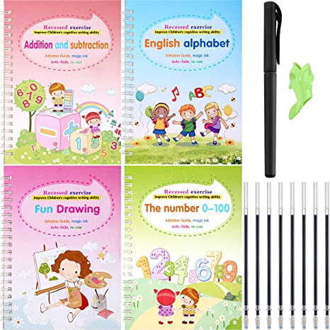 Magic Writing Paste Handwriting Practice Copybook Magic English Calligraphy Copybook Children's Kindergarten Groove Paper Book and Pen Refills for Kids Number Alphabet Mathematics Drawing (5)