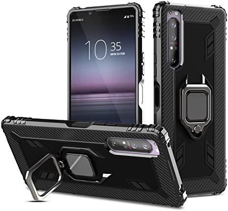 Ranyi Sony Xperia 1 II Case, Carbon Fiber Case with 360 Rotating Ring Holder Kickstand Feature Shock Absorbing Full Body Protection Soft Rubber Silicone Case for Sony Xperia 1 II 6.5" -Black