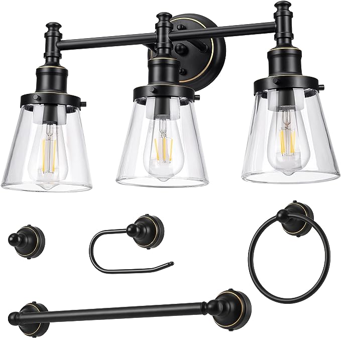 DEWENWILS 3-Light Bathroom Vanity Light Fixtures, 5-Piece All-in-One Bathroom Set, Vanity Lights with Clear Glass Shades, Towel Bar, Towel Ring, Robe Hook, Toilet Paper Holder, Black